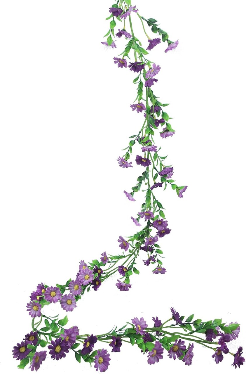 Summer Silk Daisy Flower Garland - Purple Artificial Flower Vine, Hanging Ivy Garland for Wall, Party, Wedding Arch, Floral Decor, Home Indoor/Outdoor Ceremony